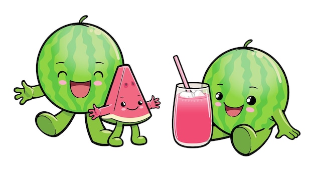 Vector lindos personajes de dibujos animados de sandía y un vaso de jugo de sandía