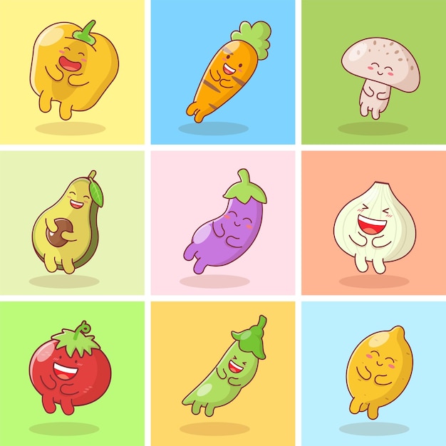 Lindos personajes de dibujos animados de verduras establecen alimentos orgánicos y saludables vegetales