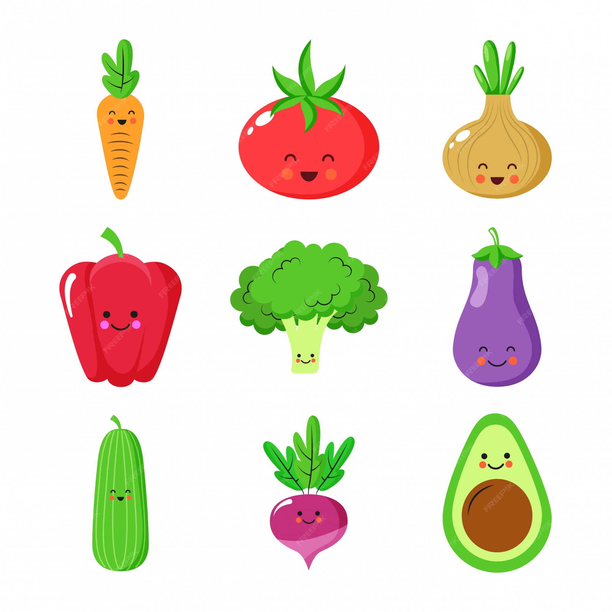 Lindos personajes de dibujos animados de verduras | Vector Premium