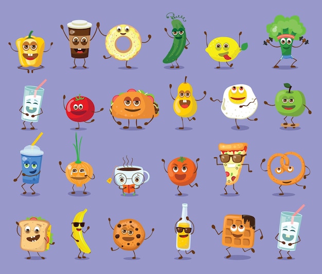 Lindos personajes divertidos de comida y bebida, mejores amigos, divertidas ilustraciones vectoriales de menú de comida rápida. Uso de ilustración de vector plano para página web, tarjeta, cartel, banner. Hamburguesa, comida china, burito
