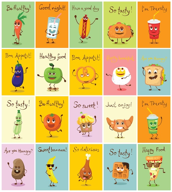 Lindos personajes divertidos de comida y bebida, mejores amigos, divertidas ilustraciones vectoriales de menú de comida rápida. Uso de ilustración de vector plano para página web, tarjeta, cartel, banner.