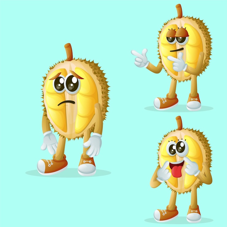 Vector lindos personajes de durian con diferentes expresiones faciales.