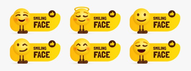 Lindos personajes emoji de pie con etiqueta de texto, conjunto de cara feliz emocional