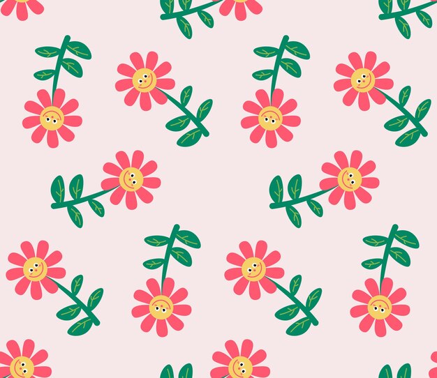 Lindos personajes de flores de dibujos animados en un patrón sin costuras de estilo plano. Mosaico floral estilo infantil