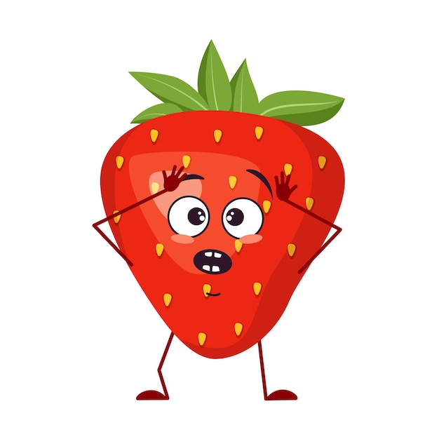 Lindos personajes de fresa con emociones en pánico agarran su cabeza, rostro, brazos y piernas. El héroe divertido o triste, frutos rojos y bayas. Ilustración vectorial plana
