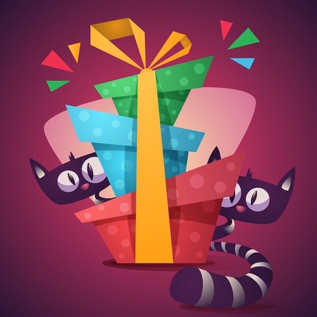 Vector lindos personajes de gatito con regalo de color.