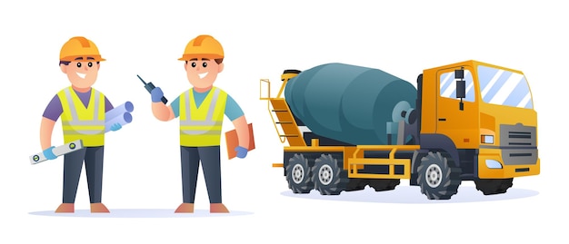 Lindos personajes de ingeniero de construcción con ilustración de camión hormigonera