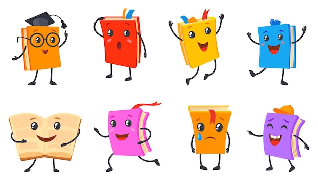 Lindos personajes de libros de texto libros lindos libros de literatura con cara triste ojos manos divertido libro escolar mascota infantil emoji icono de dibujos animados ilustración vectorial ordenada