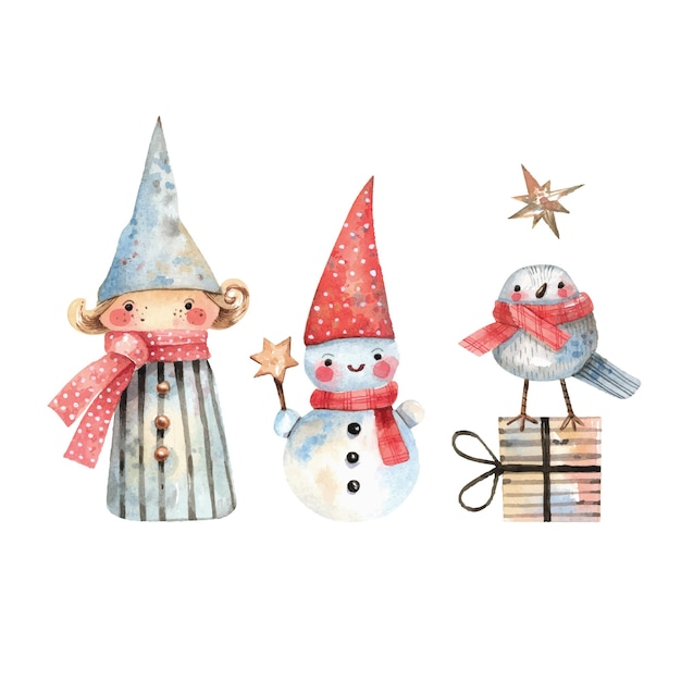 Lindos personajes navideños dibujados a mano en acuarela Elf muñeco de nieve y pájaro de invierno