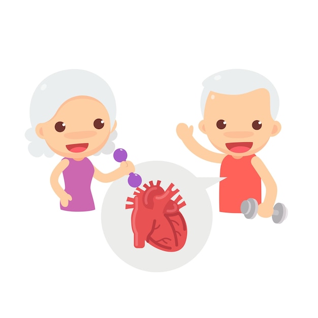 Vector lindos personajes de una pareja de ancianos y ancianas en acciones fuertes y saludables con símbolo del corazón