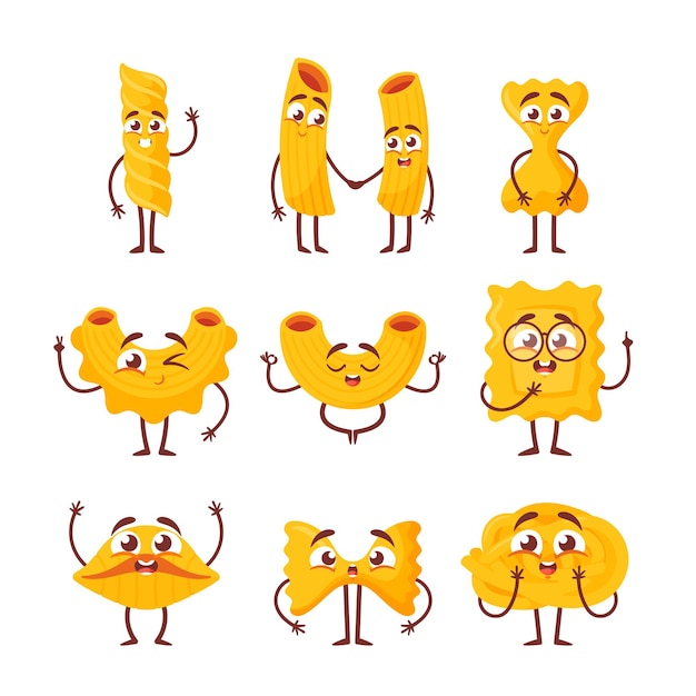 Lindos personajes de pasta emoji comida de trigo italiana macarrones mascotas con manos piernas y caras sonrientes de kawaii