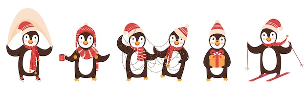 Lindos personajes de pingüinos con sombrero de lana y bufanda en diferentes poses.