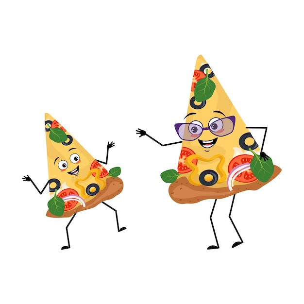 Lindos personajes de pizza con emociones felices y sonrisa abuela graciosa con gafas y baile.