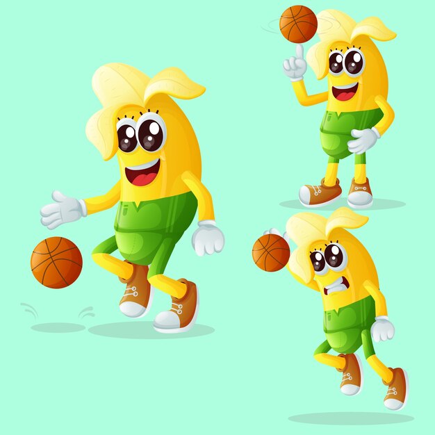 Vector lindos personajes de plátano jugando baloncesto