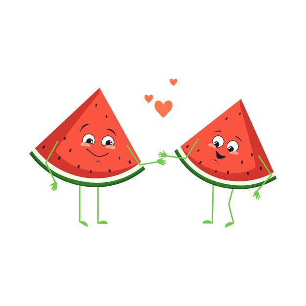 Lindos personajes de sandía con emociones de amor, rostro, brazos y piernas. Los héroes de la comida divertidos o felices, las frutas se enamoran. Ilustración vectorial plana