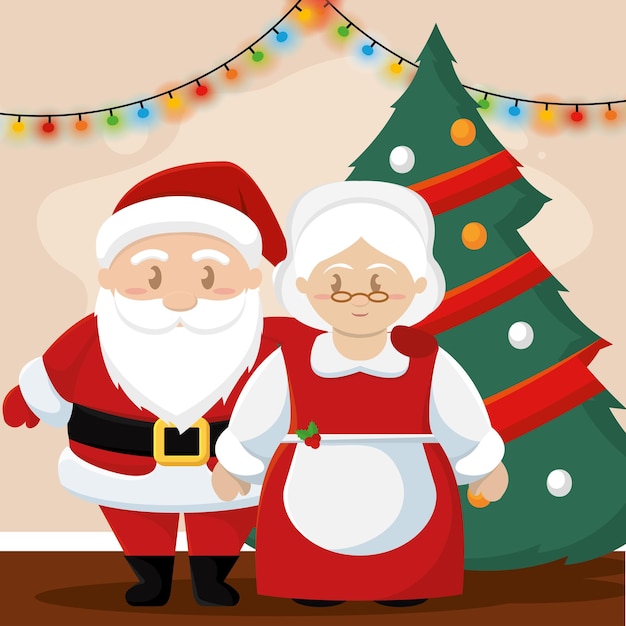 Lindos personajes de santa y miss claus junto a un árbol de navidad ilustración vectorial