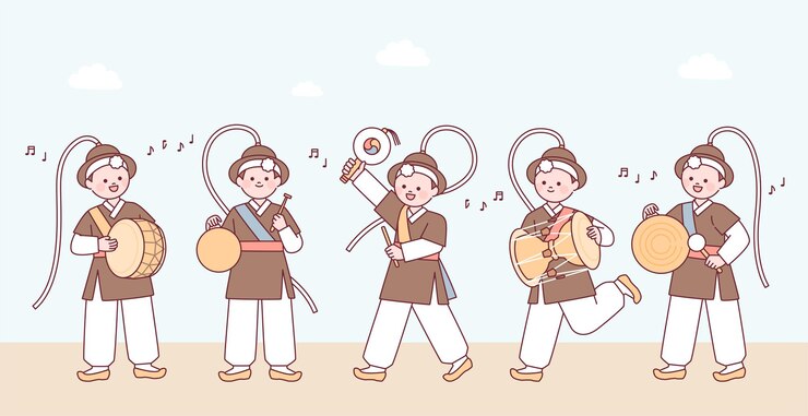 Vector lindos personajes vistiendo ropa tradicional coreana y tocando instrumentos musicales tradicionales.