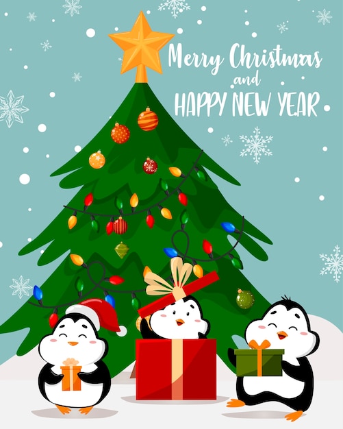 Lindos pingüinos cerca del árbol de Navidad con ilustración de regalos