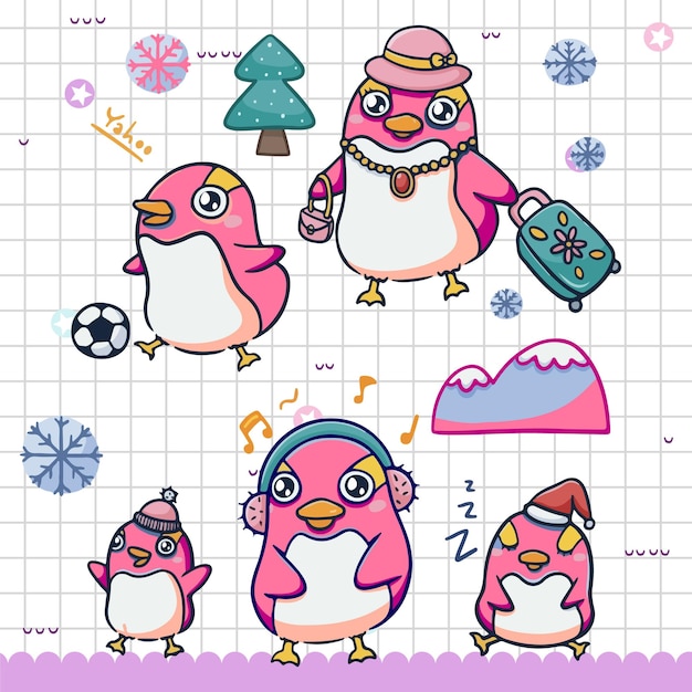 Lindos pingüinos y copos de nieve vector conjunto de pingüinos de dibujos animados