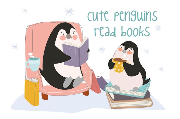 Lindos pingüinos leen libros concepto antecedentes animales felices leyendo bebiendo bebidas y sentados