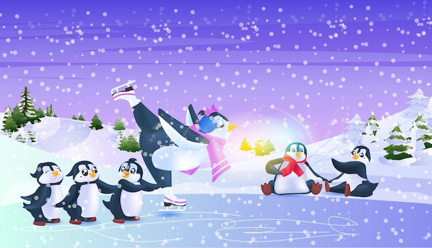 Lindos pingüinos patinando en la pista de hielo actividades invernales concepto nevadas paisaje fondo horizontal