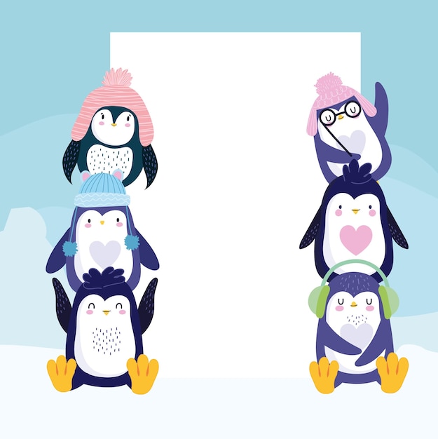 Vector lindos pingüinos con sombreros