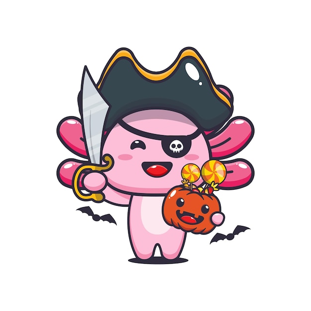 Lindos piratas axolotl en el día de halloween. Linda ilustración de dibujos animados de halloween.