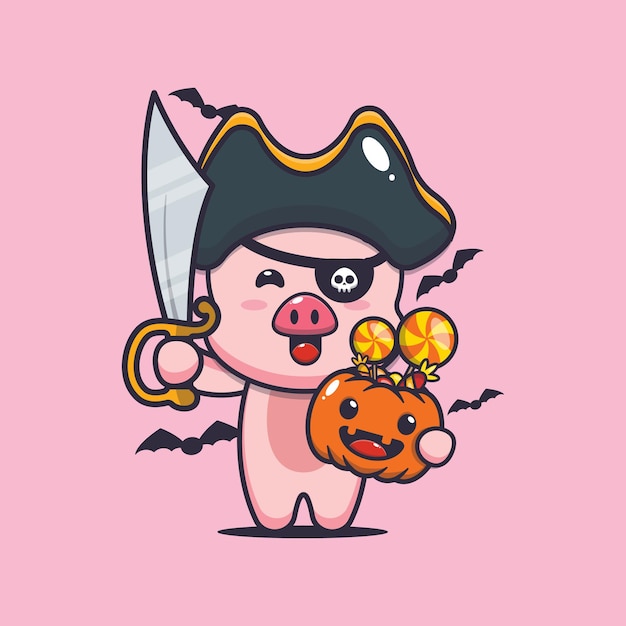 lindos piratas de cerdo con espada llevando calabaza de halloween linda ilustración de dibujos animados de halloween