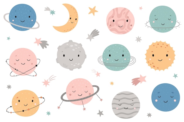 Lindos planetas dibujados a mano, sol, luna, estrellas. Un conjunto de gran espacio. Ilustración vectorial para niños