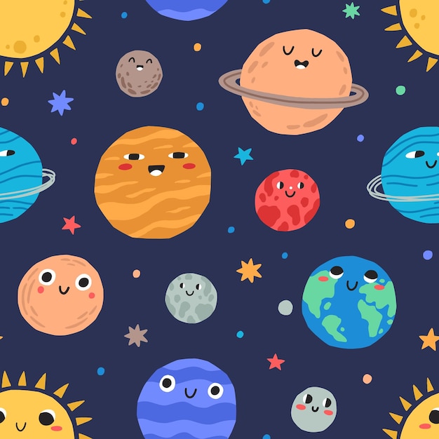 Lindos planetas infantiles y estrellas del sistema solar de patrones sin fisuras. Divertidos objetos astronómicos con órbitas vector ilustración plana. Universo de dibujos animados con adorable cuerpo celeste cósmico.