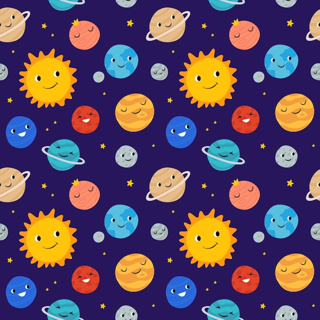 Lindos planetas del sistema solar con caras felices Objetos celestiales divertidos en el espacio ultraterrestre Cuerpos bastante astronómicos que orbitan el Sol Astronomía para niños Patrón sin costuras de vector de dibujos animados planos infantiles