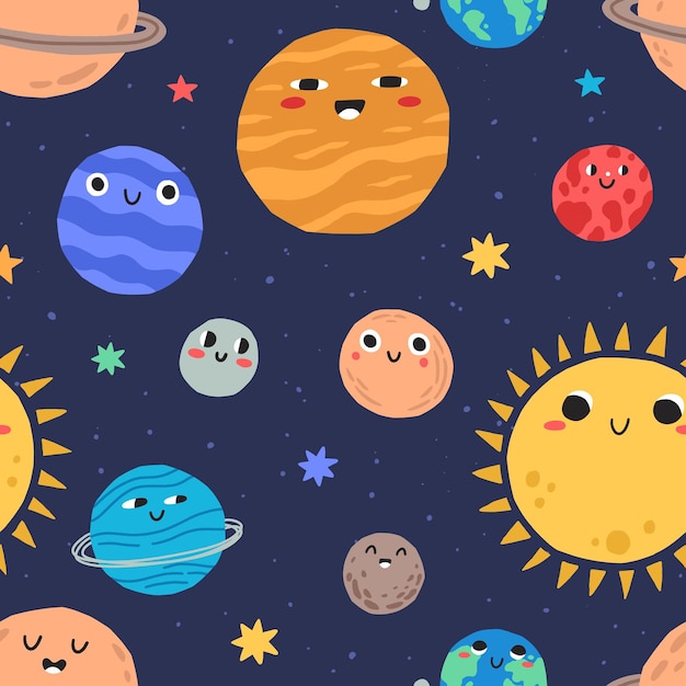 Lindos planetas sonrientes en el espacio ultraterrestre de patrones sin fisuras. fondo infantil repetible con caras graciosas de objetos celestes. ilustración de dibujos animados de vector plano del sistema solar.