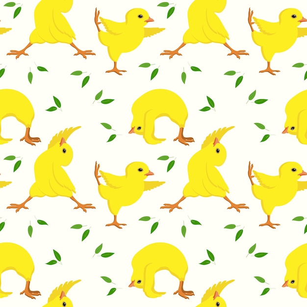 Lindos pollos amarillos de patrones sin fisuras en posiciones gimnásticas y hojas
