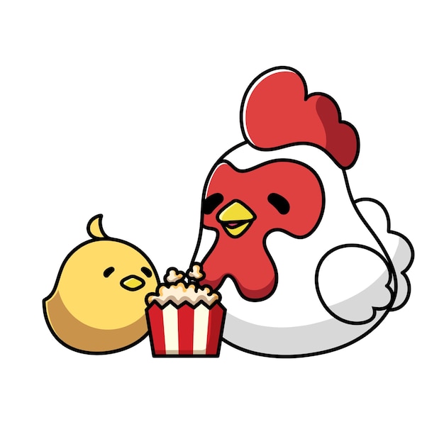 Lindos pollos con palomitas de maíz - personaje de dibujos animados - ilustración vectorial