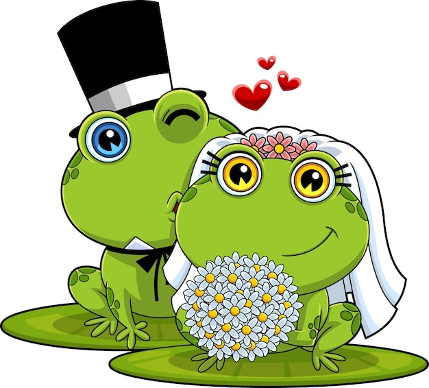 Lindos Ranas Personajes Dibujos Animados Recién Casados Vector Mano Dibuja Ilustración