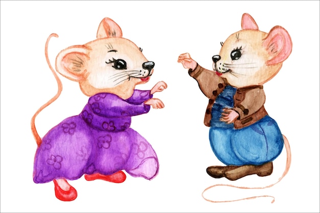 Lindos ratones en ropa. Ilustración de acuarela. Gute pequeños ratones en ropa de punto. carácter animal.