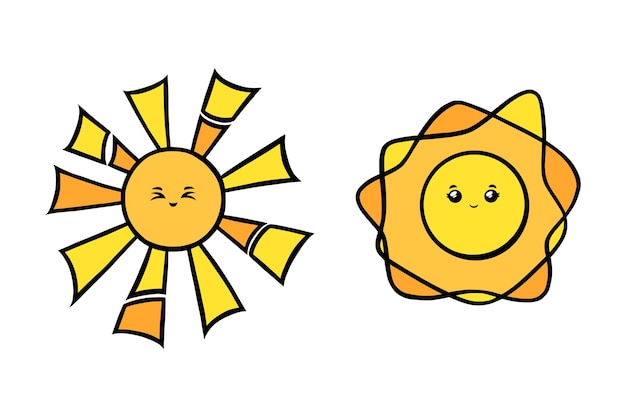 Lindos soles con ojos llenos de alegría sol amarillo caras sonrientes en estilo garabato vector blanco y negro