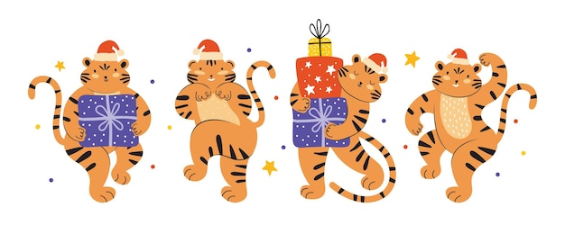 Lindos tigres con regalo de navidad en un sombrero de santa claus. banner con personajes de animales. feliz año nuevo