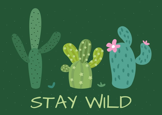 Lindos tres cactus verdes aislados sobre fondo verde vintage. Ilustración plana vectorial. Plantas