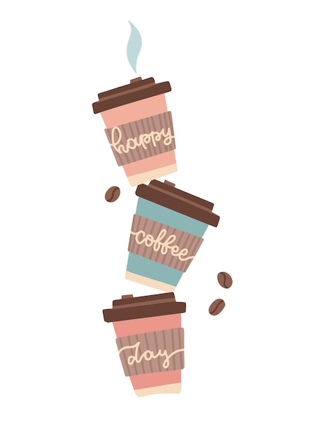 Lindos tres vasos de papel de café apilados en colores pastel con texto de inscripción en ellos feliz día del café