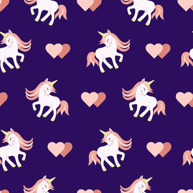 Lindos unicornios blancos sobre un fondo azul patrón sin costuras para diseño y decoración textil