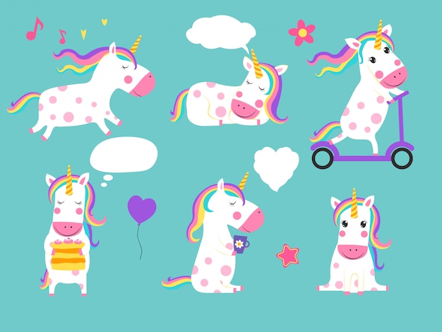 Lindos unicornios de conjunto, personajes de dibujos animados aislados