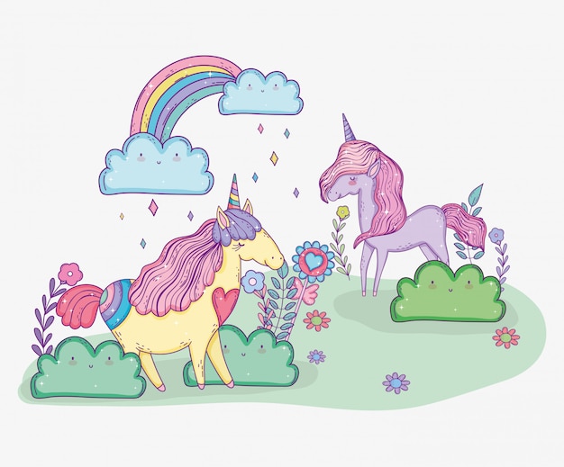 Lindos unicornios con flores y arcoiris con nubes.