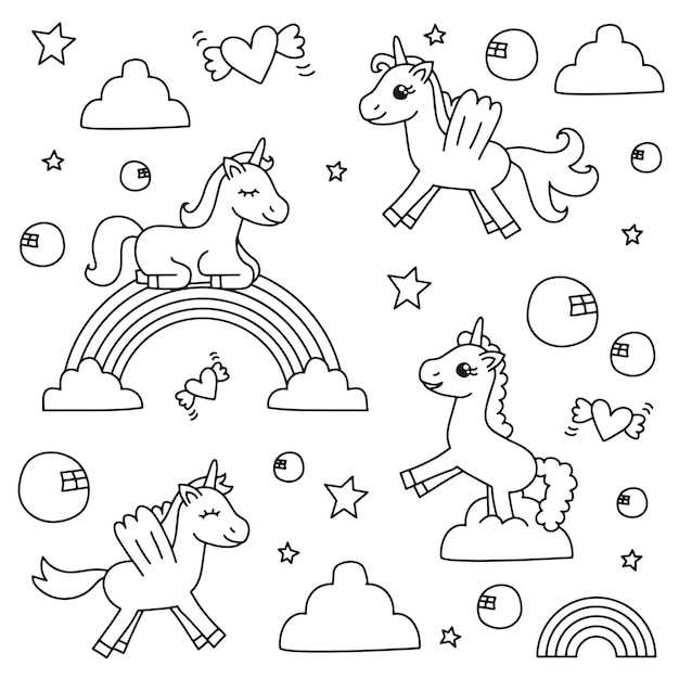 Lindos unicornios en las nubes con la ilustración de vector de arco iris