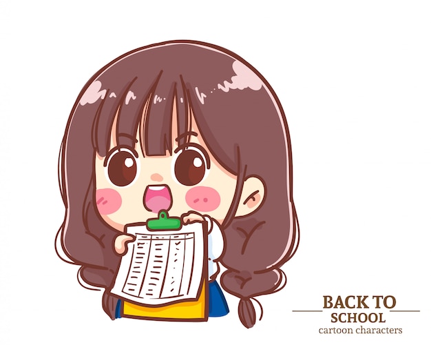 Lindos uniformes de estudiantes de niñas con listas de verificación de portapapeles de regreso a la escuela. Ilustración de dibujos animados Vector Premium
