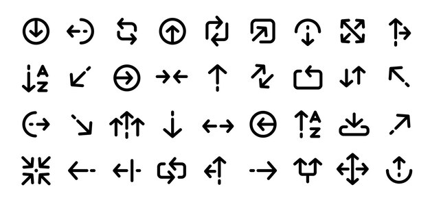 Line arrows Linear thin arrow symbols Triple arrows icons left and right arrow turn up double up and down direction arrow pictogram for web app UI design Vector collection