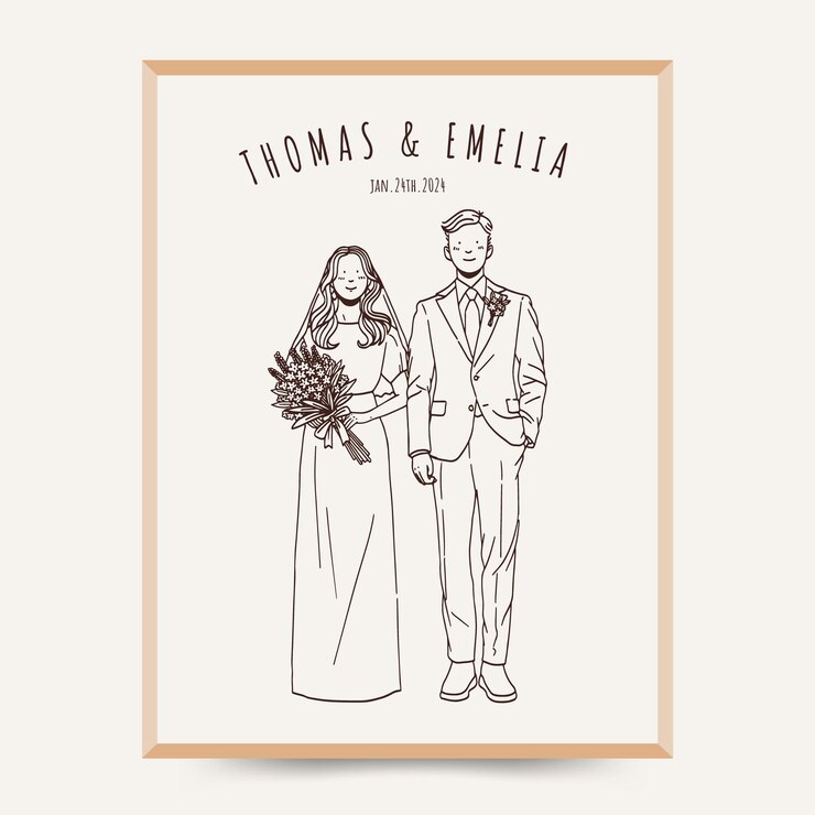 Line art clásico novios nombres personalizados y fecha