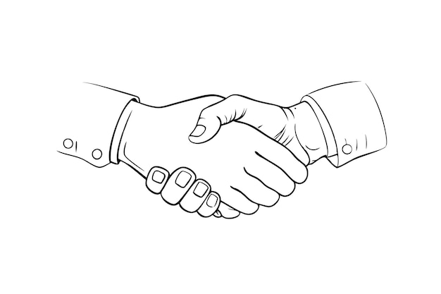Line Art continuo con un apretón de mano grabado en blanco y negro con un contorno aislado sobre un fondo blanco