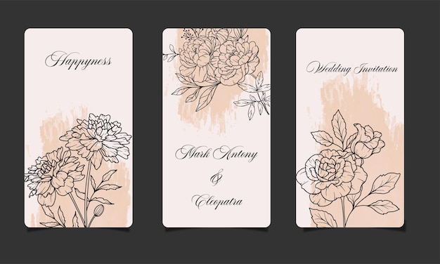 Line Art Flores de primavera Tarjeta de invitación de boda con vector de diseño de primavera floral en blanco y negro