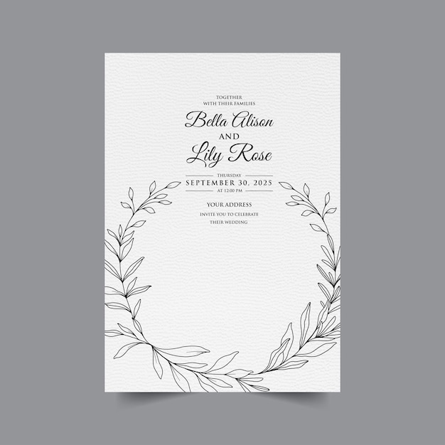 Line Art Flores de primavera Vector de tarjetas de invitación de boda Contorno de flores y primavera negra Floral